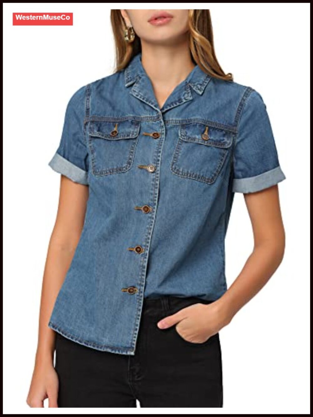 Denim Button Down Short Sleeve Notched Collar Shirt